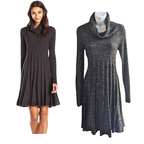 CALVIN KLEIN Black Gold Metallic Cowl Neck LS Fit & Flare Sweater Dress Size M - Picture 1 of 9